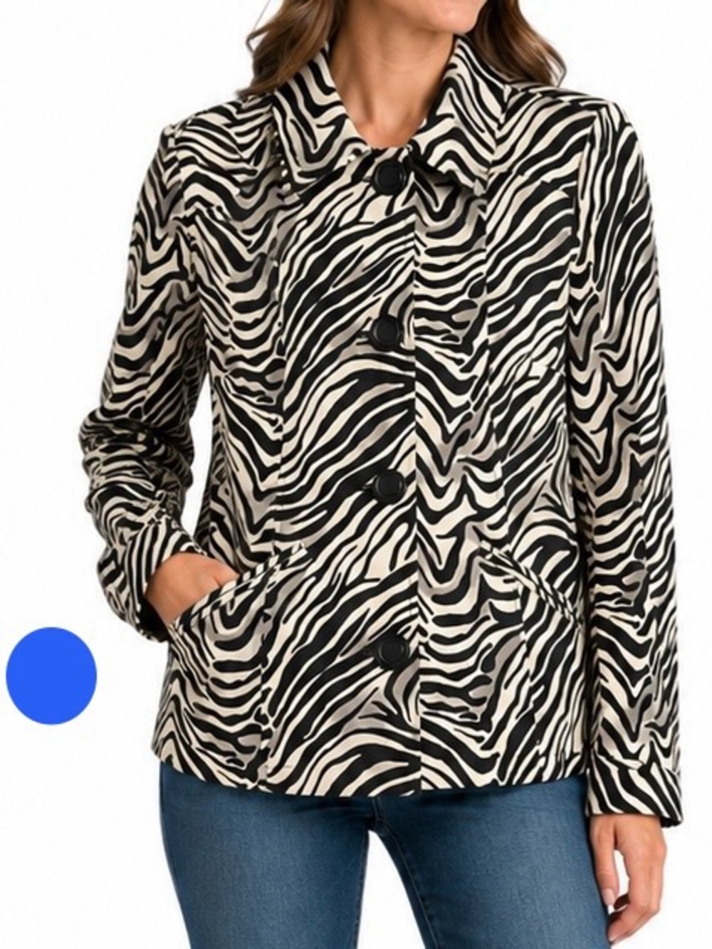 Chico’s Zebra Print Jacket Size 0 Brown Black Stretch Button Front Blazer